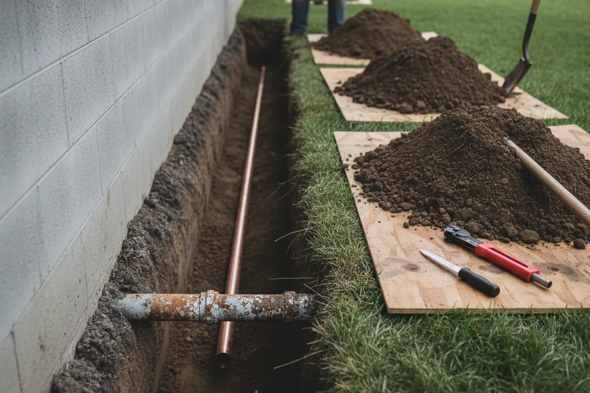 Excavated water line trench during Sewer Line Repair in Wautoma